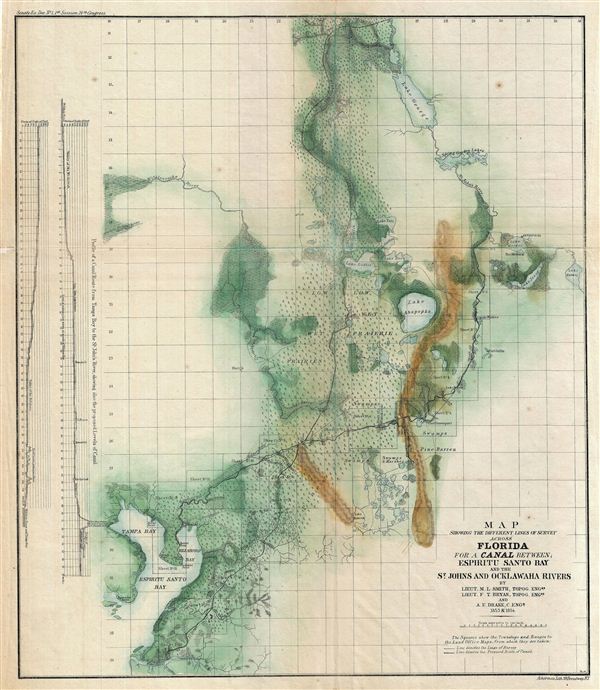 Map Showing the Different Lines of Survey Across Florida for a Canal Between; Espiritu Santo bay and the St. Johns and Ocklawaha Rivers. - Main View