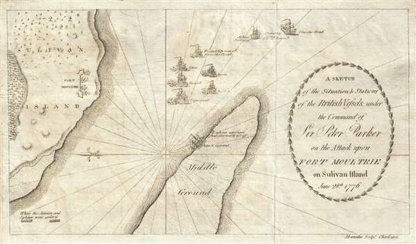 A Sketch of the Situation and Stations of the British Vessels under the Command of Sir Peter Parker on the Attack upon Fort Moultrie on Sulivan Island June 28th, 1776. - Main View