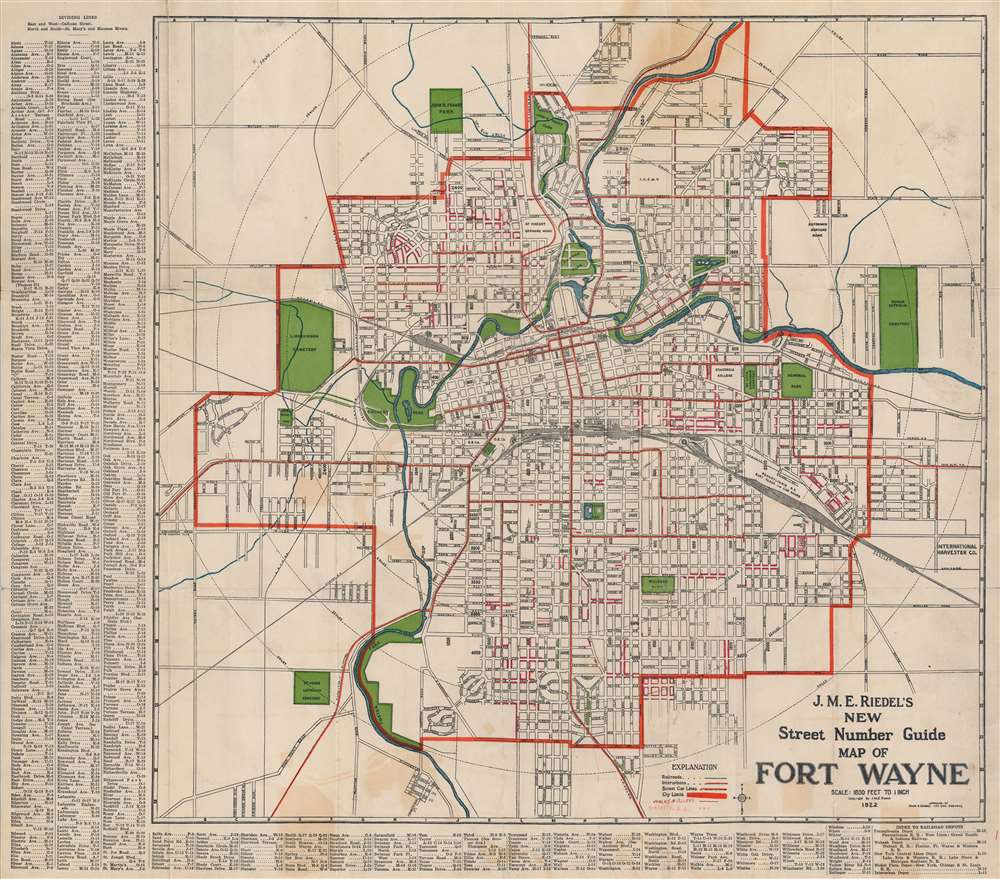 J. M. E. Riedel's New Street Number Guide Map of Fort Wayne. - Main View