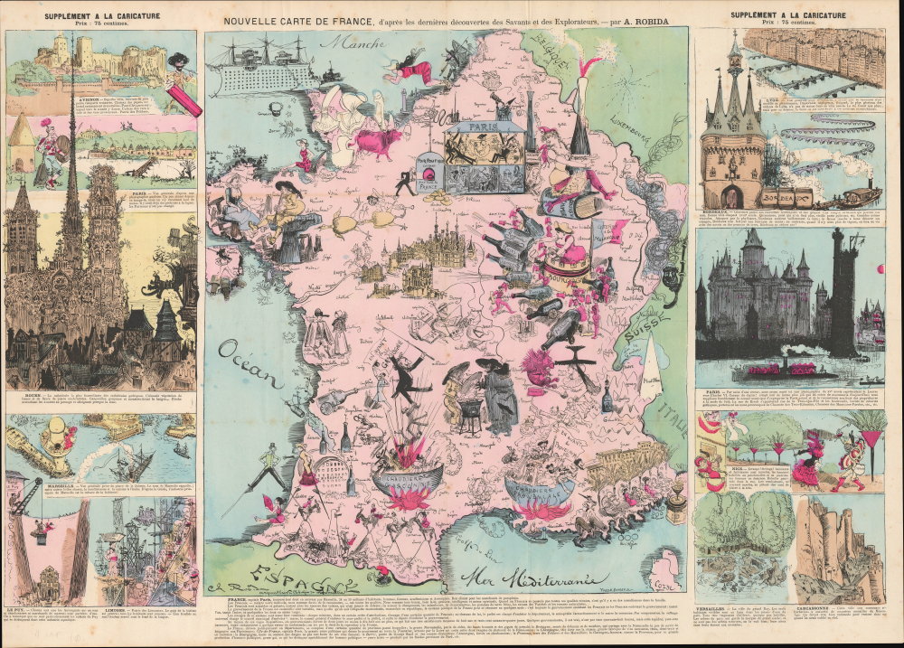 1882 Robida Pictorial Satirical Map of France