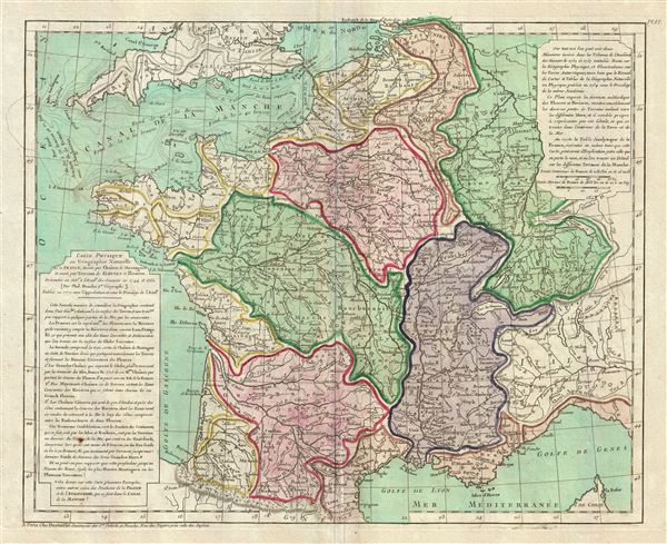 Carte Physique de ou Geographie Naturelle de la France, divisee par Chaines de Montagnes et aussi par Terreins de Fleuves et Rivieres.  - Main View