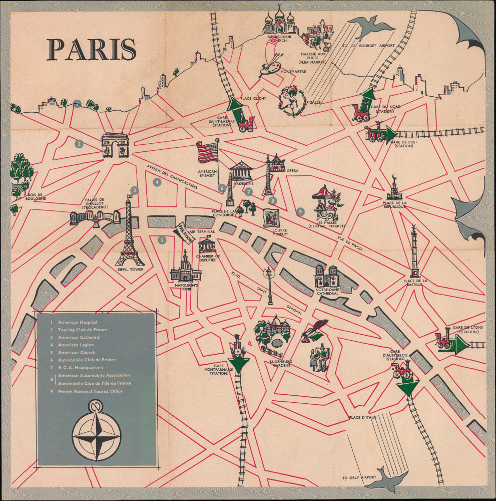 1950 E.C.A. Pictorial Map of Paris and France, Marshall Plan, Cold War