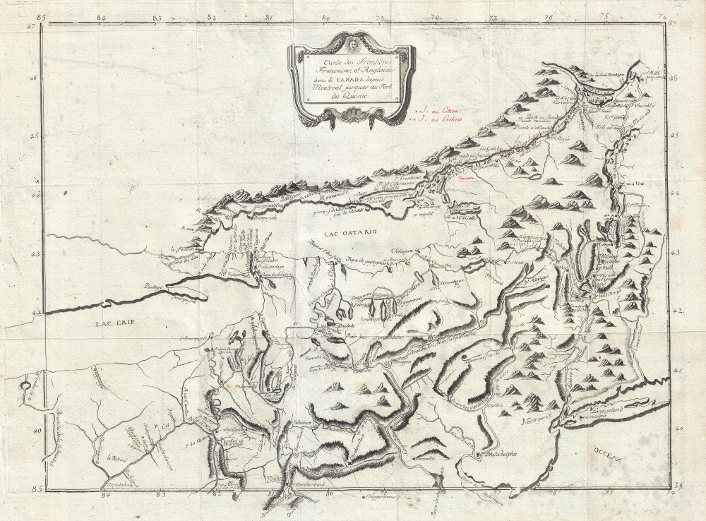 Carte des Frontieres Francoises, et Angloises dens le Canada depuis Montreal jusques au Fort du Quesne. - Main View