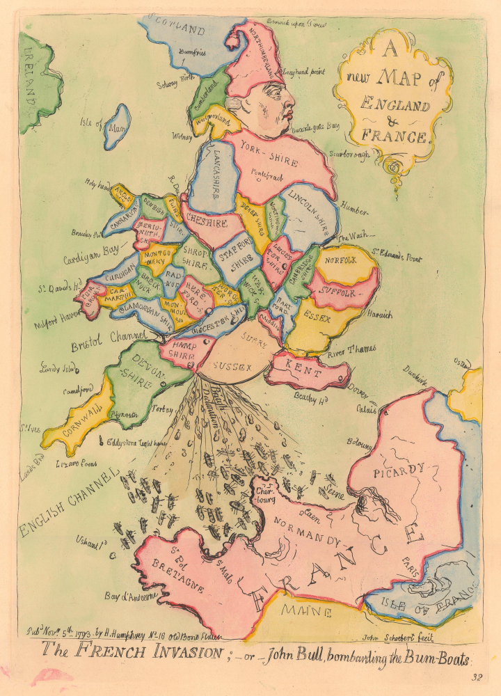 1793 / 1851 Gillray Satirical Caricature Map of England and France