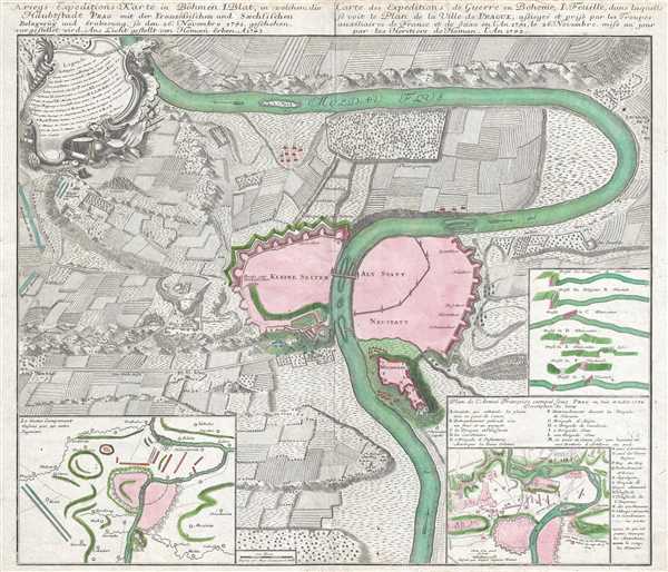 1743 Homann Heirs Map of the 1741 Battle of Prague (Praha)