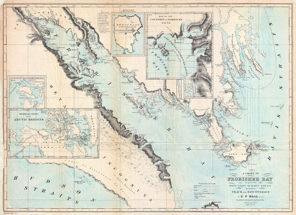 A Chart of Frobisher Bay and part of the West Coast of Davis Strait showing the Track and Discoveries of C. F. Hall on his Franklin Research Expeditions during the years of 1860 - 61 - 62. - Main View