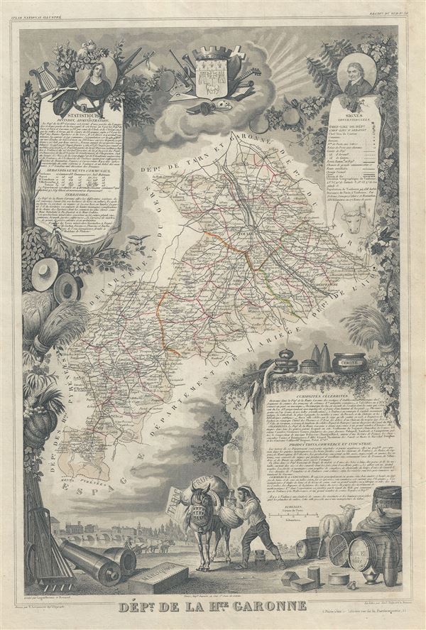 1847 Levasseur Map of the Dept. de la Haute Garonne, France