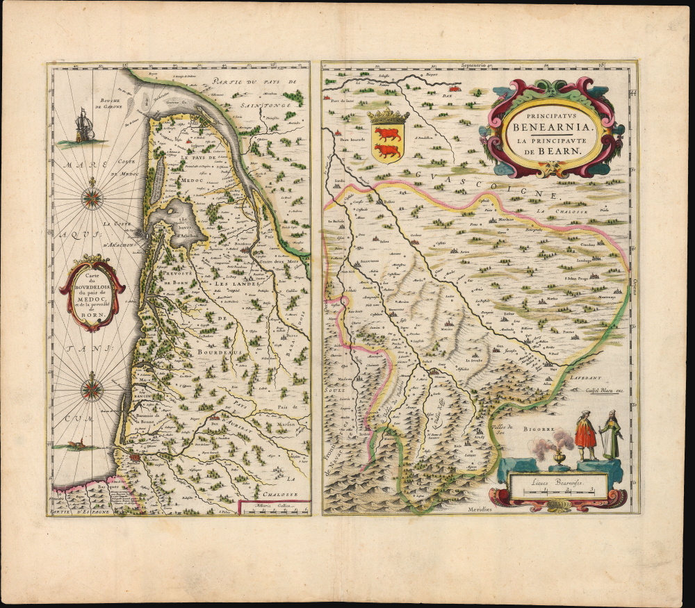 1631 / 1635 Blaeu Map of Gascony (Bordeaux, Medoc, Béarn)