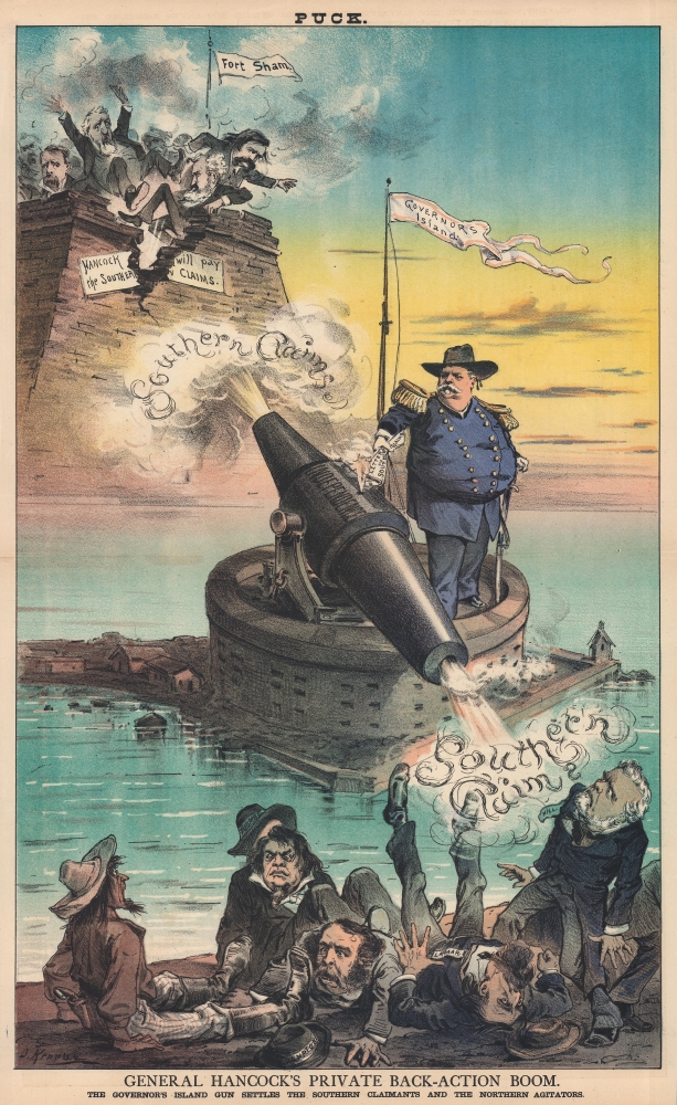 1880 Keppler Political Cartoon of General Hancock Firing On His Critics and Allies