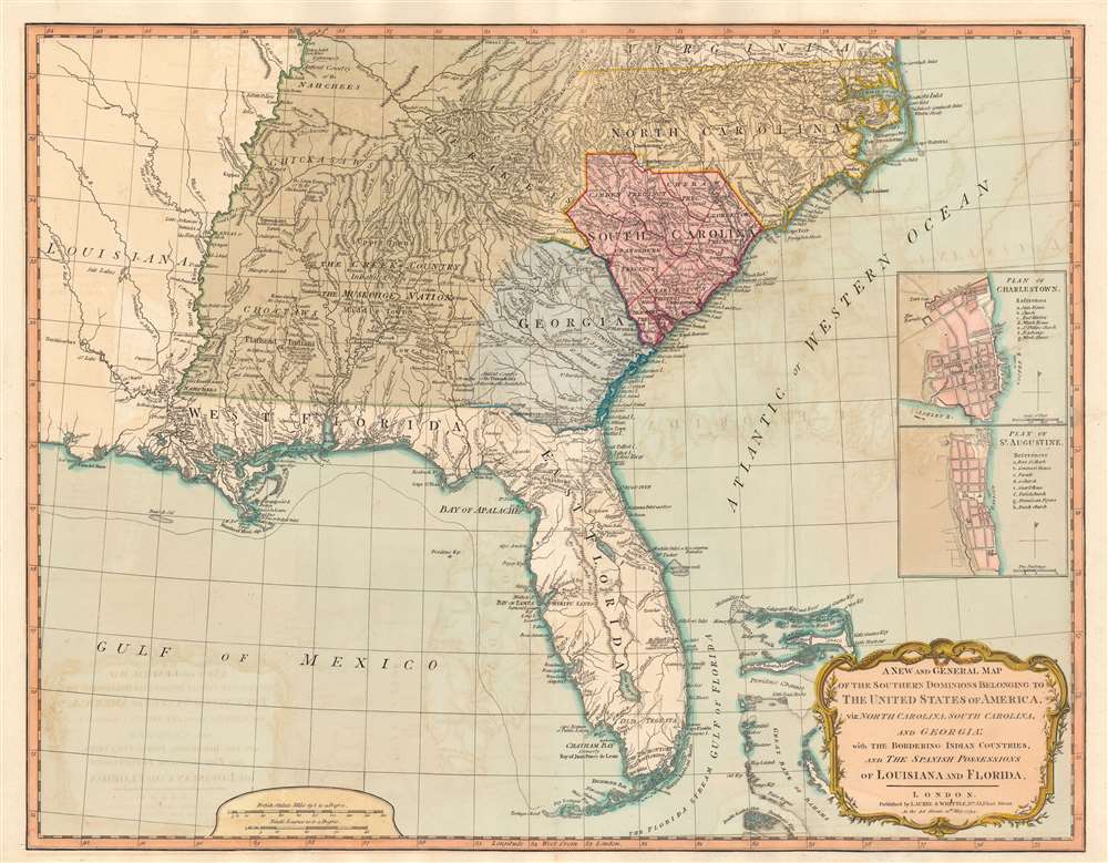 A New and General Map of the Southern Dominions Belonging to The United States of America, viz: North Carolina, South Carolina, and Georgia: with the Bordering Indian Countries, and The Spanish Possessions of Louisiana and Florida. - Main View