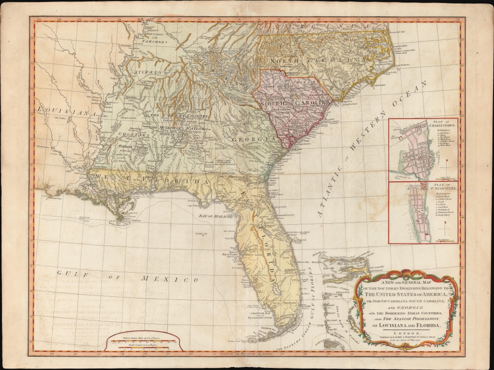 A New and General Map of the Southern Dominions Belonging to the United States of America, viz: North Carolina, South Carolina, and Georgia: with the Bordering Indian Countries and The Spanish Possessions of Louisiana and Florida. - Main View