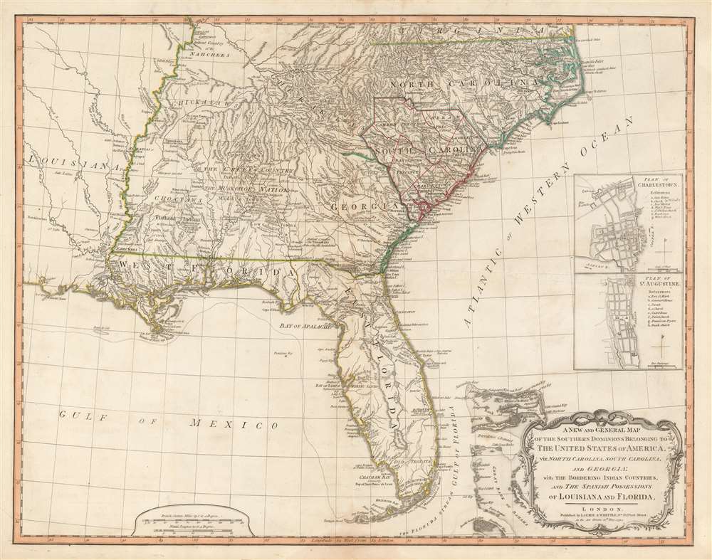 A New and General Map of the Southern Dominions Belonging to The United States of America, viz: North Carolina, South Carolina, and Georgia: with the Bordering Indian Countries, and The Spanish Possessions of Louisiana and Florida. - Main View
