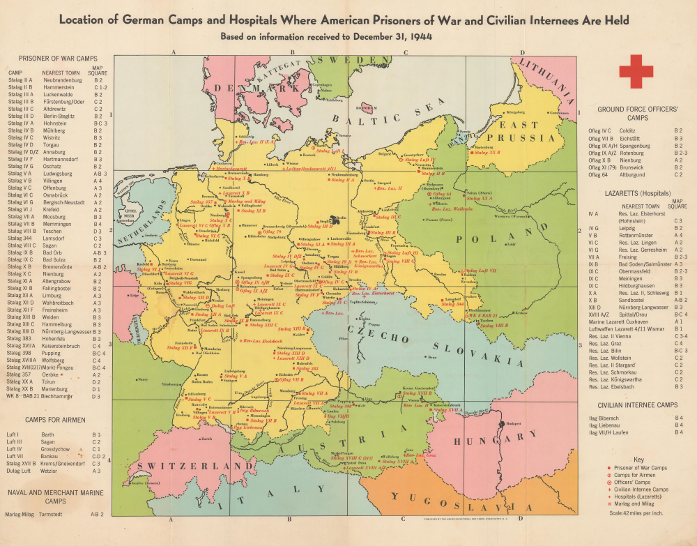 1945 American Red Cross Map of German Camps w/ American POWs