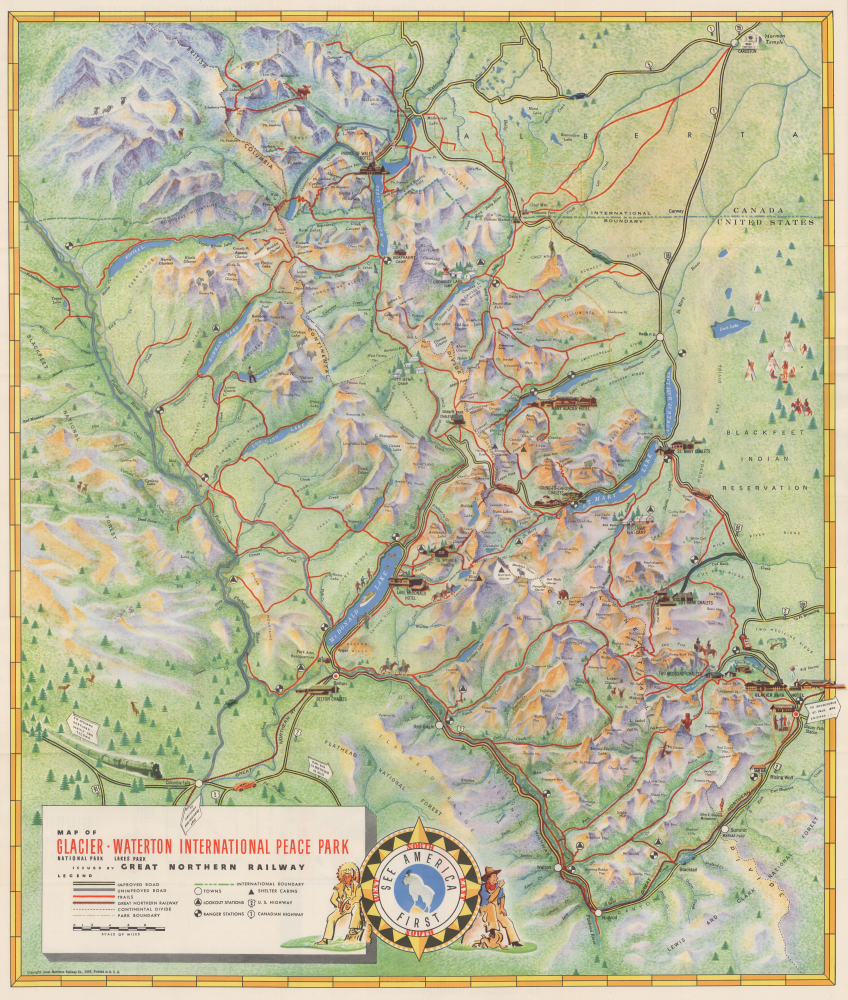 1939 Great Northern Railway Pictorial Map of Glacier National Park