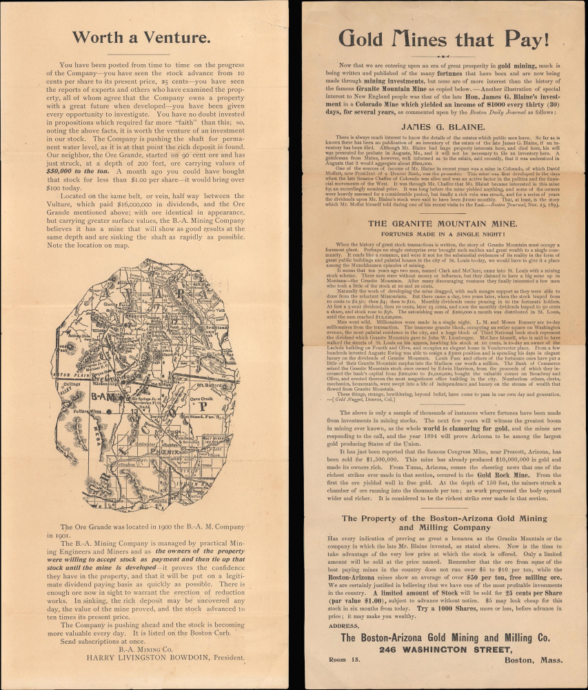 1902 Boston-Arizona Mining Company Promotional Map Handbills