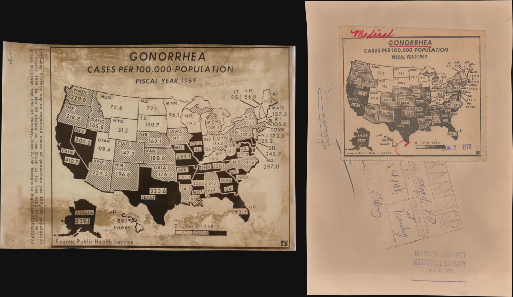 1970 Associated Press Wirephoto Map of the United States and Gonorrhea Cases