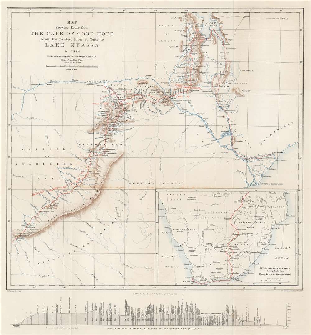 Map showing Route from the Cape of Good Hope across the Zambesi River at Tette to Lake Nyassa in 1884. From the Survey by W. Mantagu Kerr. - Main View