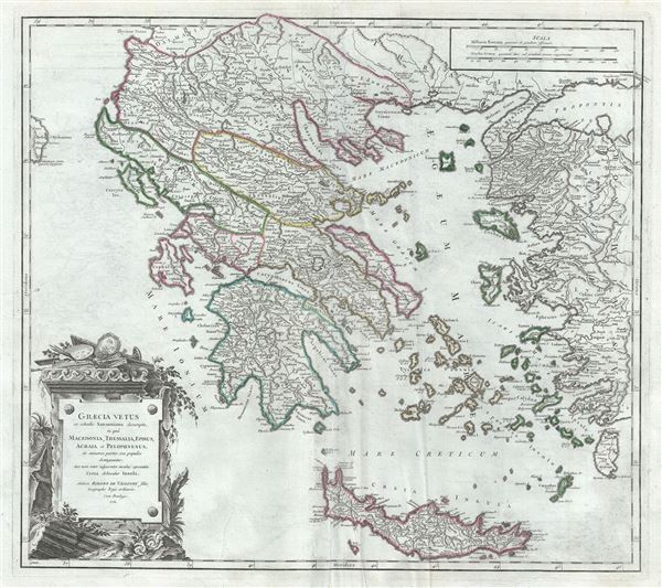 Graecia Vetus ex schaedis Sansonianis desumpta, in qua Macedonia, Thessalia, Epirus, Achaia et Peloponesus, in minores partes seu populos distinguuntur; nec non inter adjacentes insulas speciatim Creta delineatur Insula. - Main View