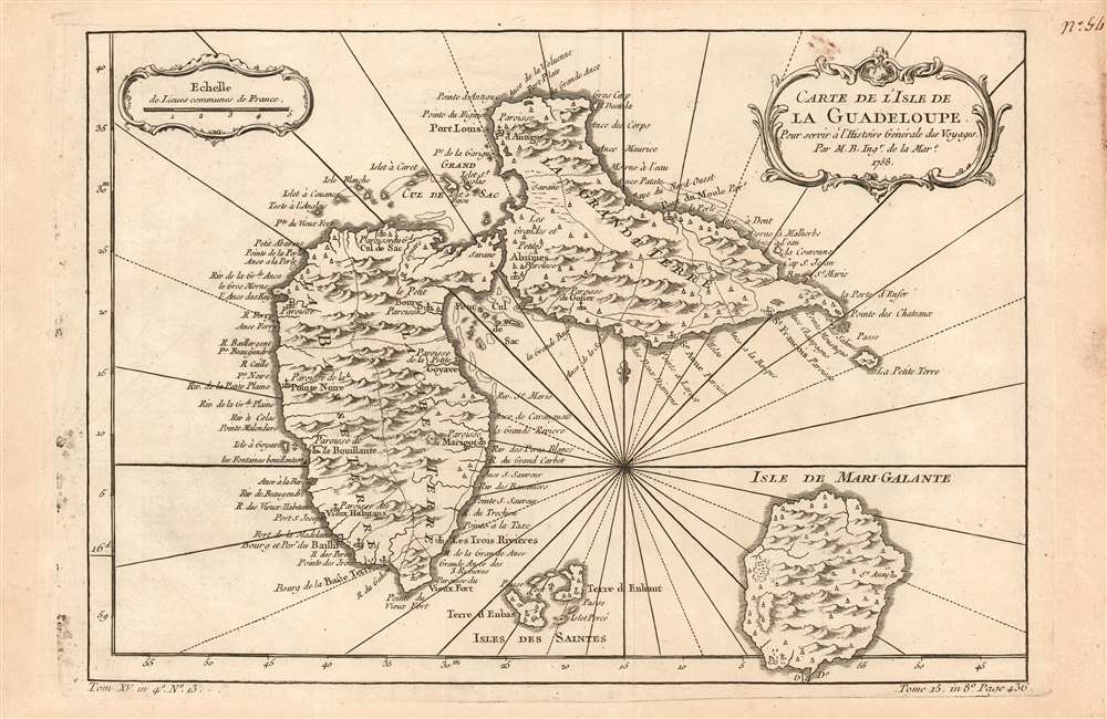 Carte de l'Isle de La Guadeloupe Pour servir à l'Histoire Générale des Voyages Par M. B. Ing.r de la Mar.e 1758. - Main View