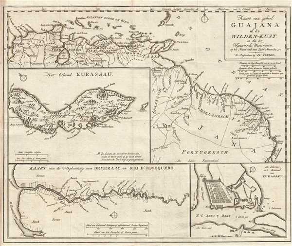 Kaart van geheel Guajana of de Wilden-Kust, en die der Spaansche Westindien op het Noord-end van Zuid-Amerika. - Main View