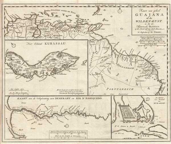 Kaart van geheel Guajana of de Wilden-Kust, en die der Spaansche Westindien op het Noord-end van Zuid-Amerika. - Main View