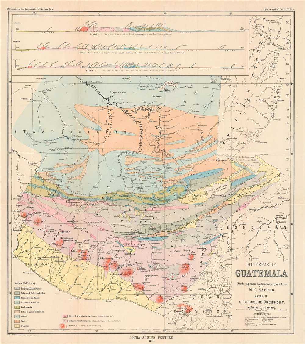 Die Republik Guatemala Nach eigene Aufnahmen gezeiehnet von Dr. C. Sapper. Karte II: Geologische Übersicht. - Main View
