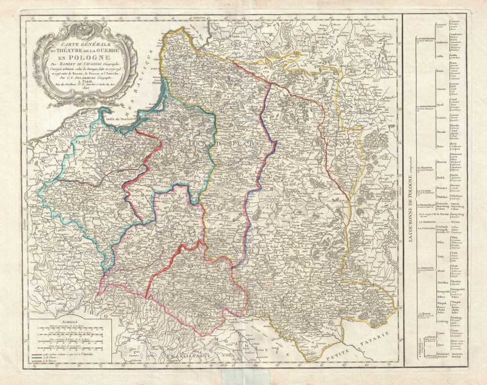 Carte générale du théatre de la guerre en Pologne… Corrigée et Divisée selon les Partages faits en 1772, 1793 et 1795 entre la Russie, la Prusse et l'Autriche. - Main View