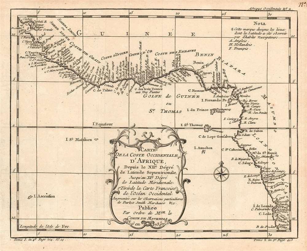 Carte De La Coste Occidentale D'Afrique, Depuis le XII.e Dégré de Latitude Septentrionale, Jusqu'au XI.e Dégré de Latitude Méridionale.  Tirée de la Carte Francoise de l'Océan Occidental. Augmenteé sur les Observations particulieres de Barbot Smith Marchaise etc. Publiee Par Ordre de MGR. le Comte De Maurepas en 1738. - Main View