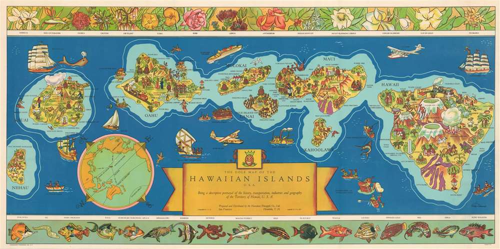 The Dole Map of the Hawaiian Islands U.S.A. Being a descriptive portrayal of the history, transportation, industries and geography of the Territory of Hawaii, U.S.A. - Main View