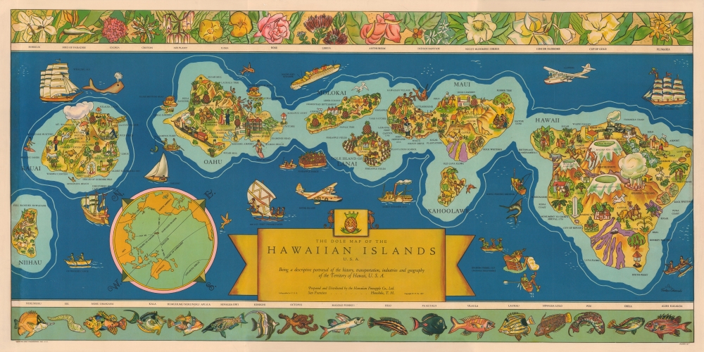 The Dole Map of the Hawaiian Islands U.S.A. Being a descriptive portrayal of the history, transportation, industries and geography of the Territory of Hawaii, U.S.A. - Main View
