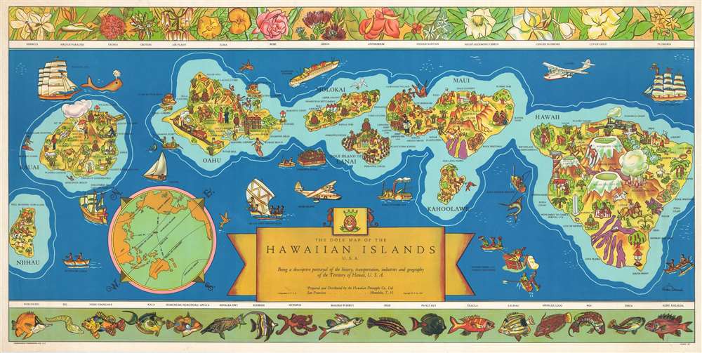 The Dole Map of the Hawaiian Islands U.S.A. Being a descriptive portrayal of the history, transportation, industries and geography of the Territory of Hawaii, U.S.A.` - Main View
