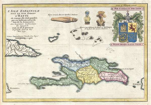 L'Isle Espagnole Sous le Nom Indien d'Hayti où comme elle étoit possédée par ses habitans naturels lor de la découverte, Avec les prémiers Etablissements des Espagnols. - Main View