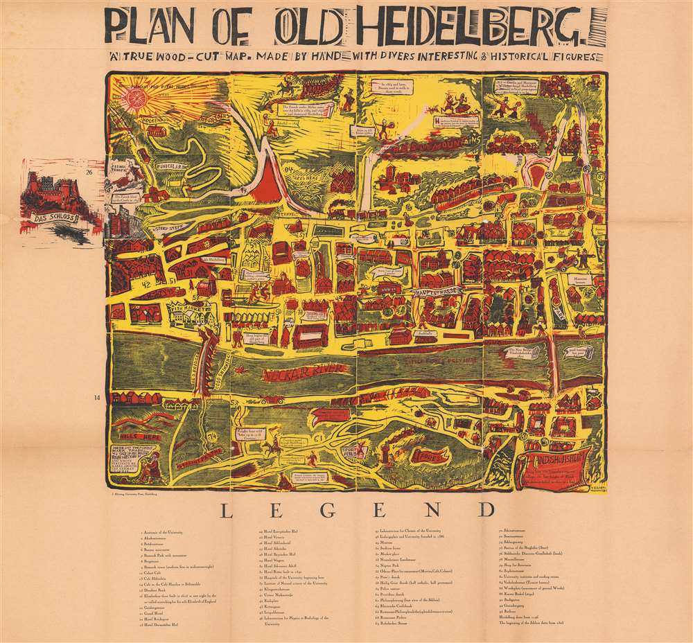 Plan of Old Heidelberg.  A True Wood-Cut Map.  Made by Hand with Divers Interesting and Historical Figures. - Main View