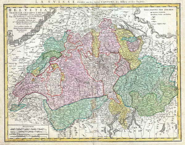 Helvetia Tredecim Statibus Liberis quos Cantones vocant, composita.  Unacum feoderatis & subjectis Provinciis, ex porbatissimis Subsidiis geographice delineata per Dm. Tobiam Mayerum, Professorem Matth. Goettingensem. - Main View