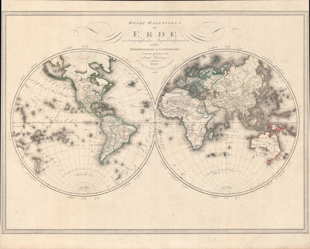 Beide Halbkugeln der Erde : in stereographischer Aequatorialprojection nach des Herrn Freiherrn von Liechtenstern. - Main View