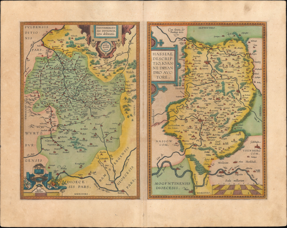 1595 Ortelius Map of Southern Thuringia, Hesse (w/ Frankfurt), Germany