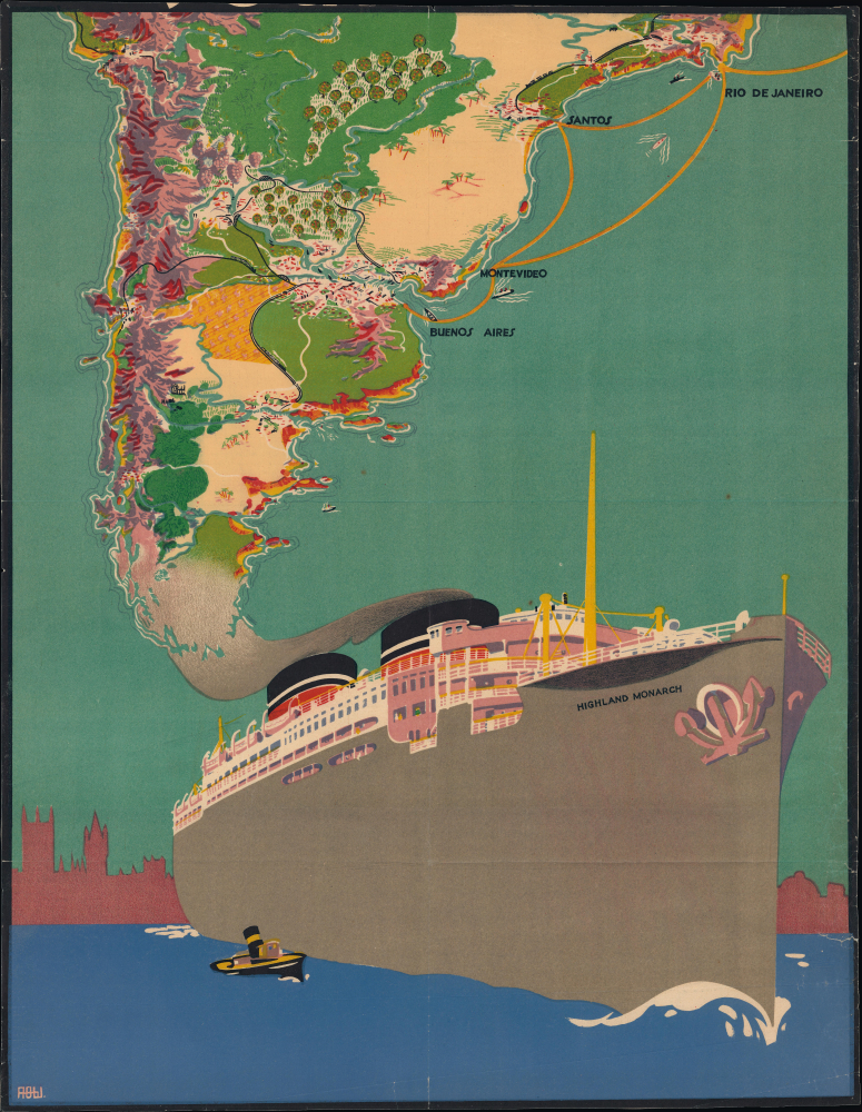 1930 Nelson Line / Royal Mail Travel Poster, Pictorial Map of South America