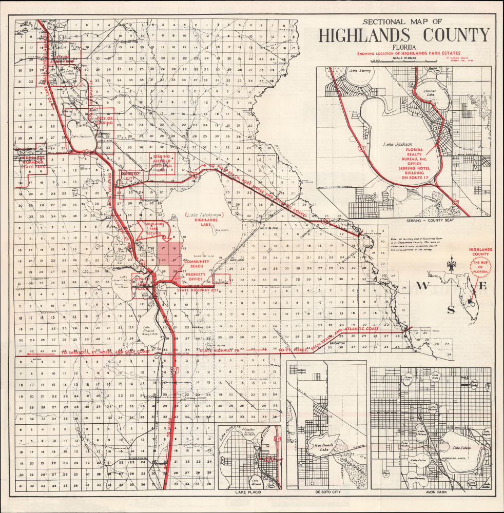 1956 Florida Realty Bureau Promotional Map of Highlands County, Florida