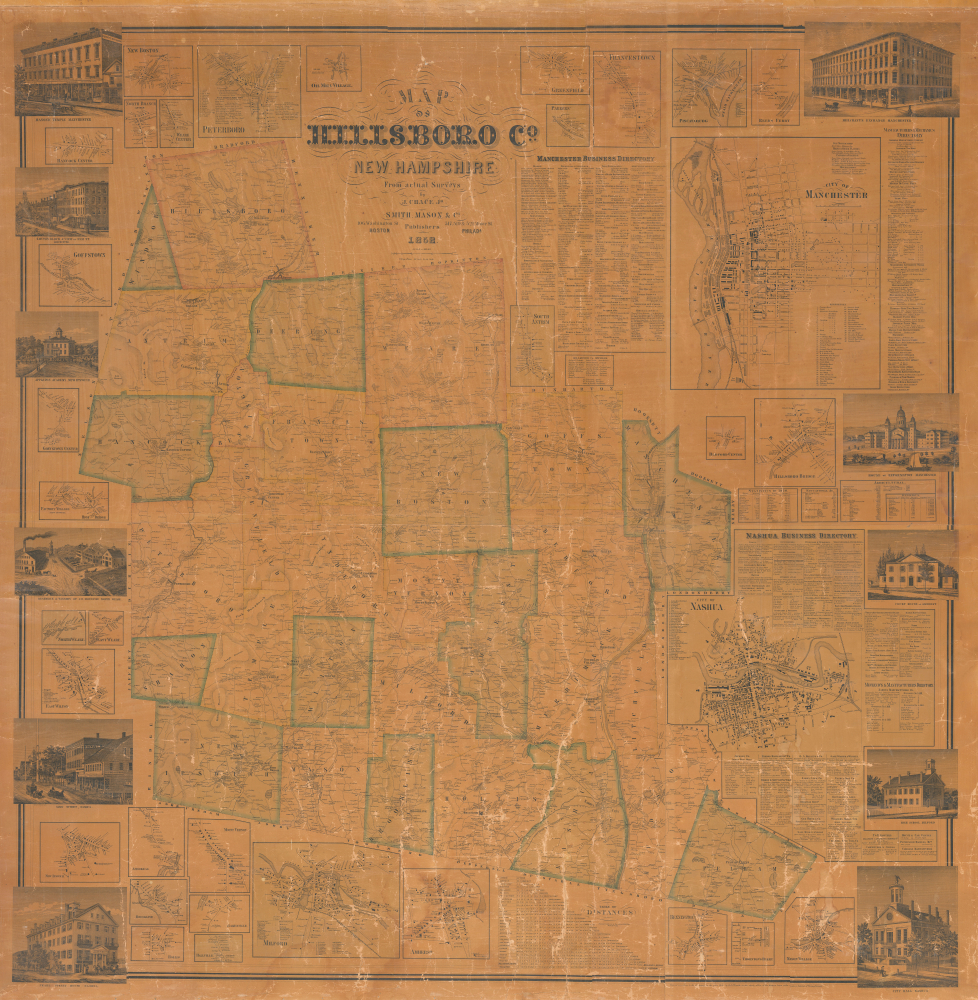 1858 Chace Wall Map of Hillsboro County, New Hampshire (Nashua, Manchester)