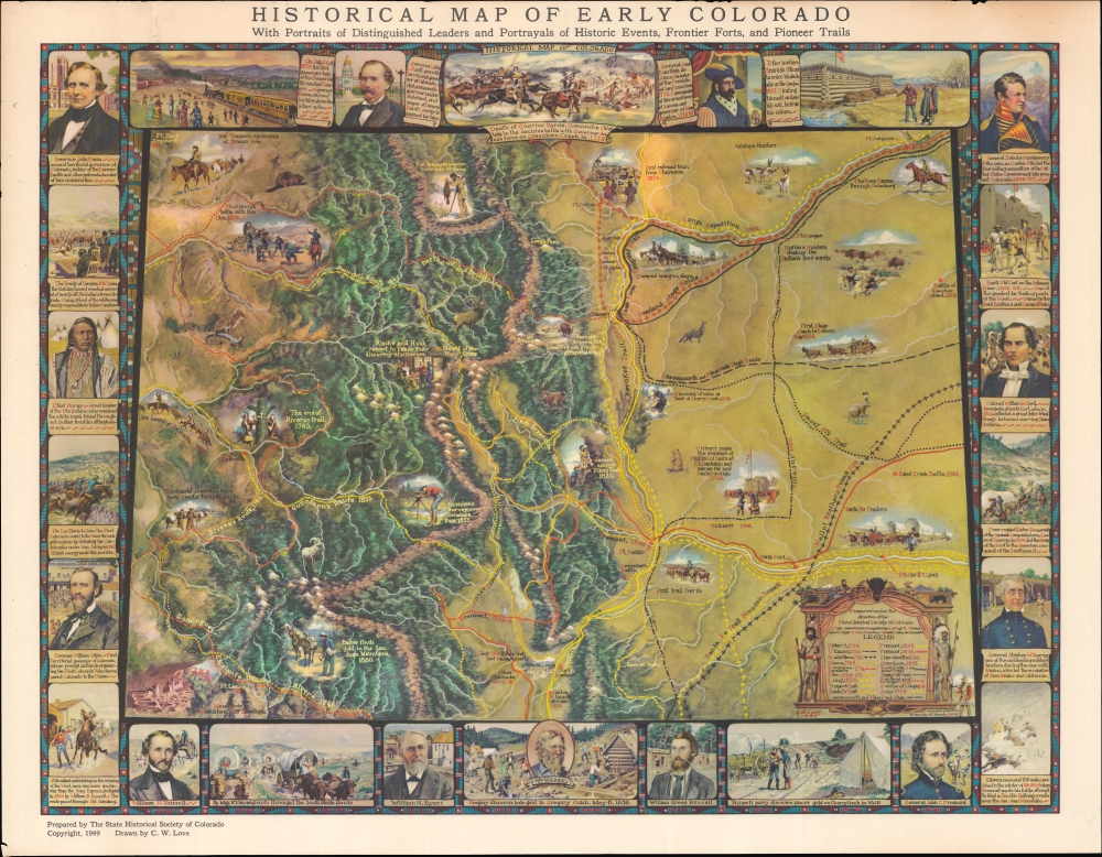 Historical map of early Colorado : with portraits of distinguished leaders and portrayals of historical events, frontier forts, and pioneer trails. - Main View