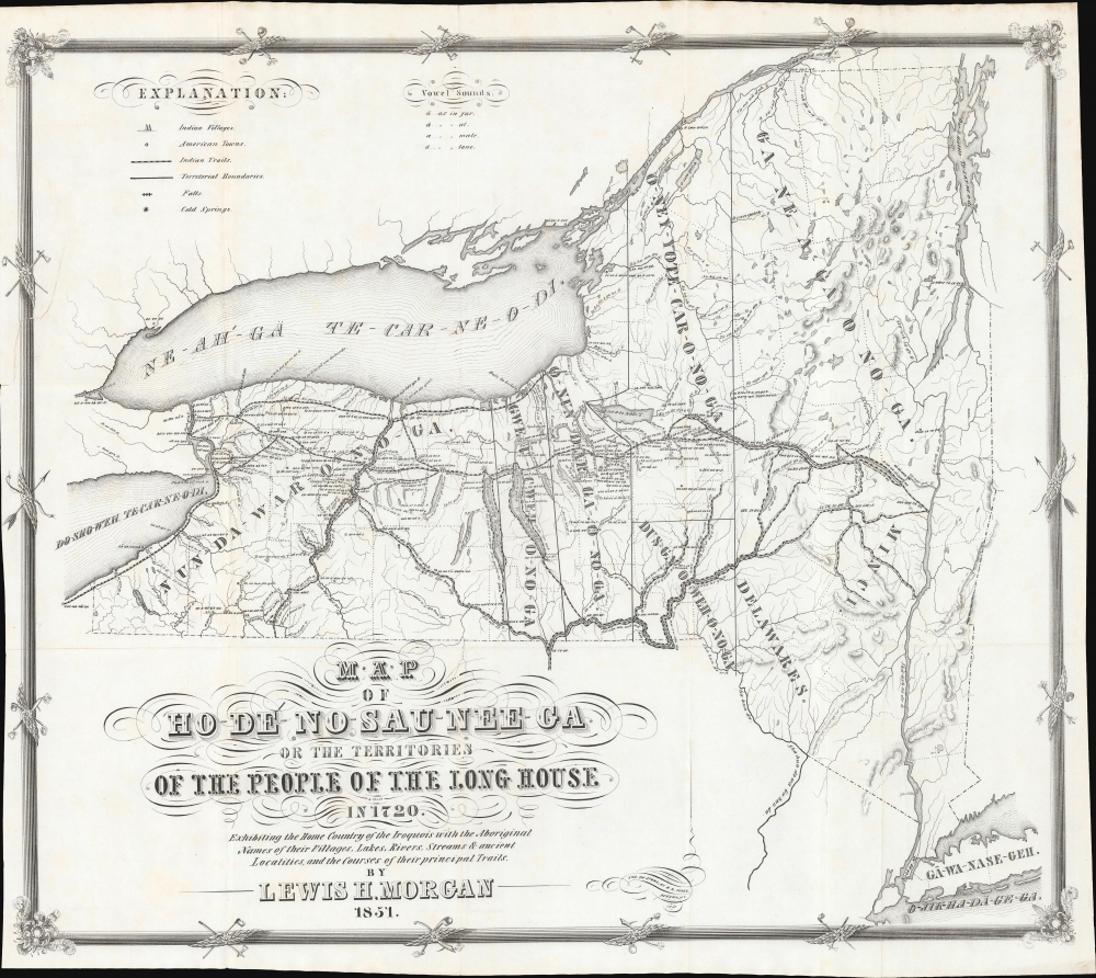 Map of Ho-De'-No-Sau-Nee-Ga or the Territories of the People of the Long House in 1720. Exhibiting the Home Country of the Iroquois with the Aboriginal Names of their Villages, Lakes, River, Streams and Ancient Localities, and the courses of their principal Trails. - Main View