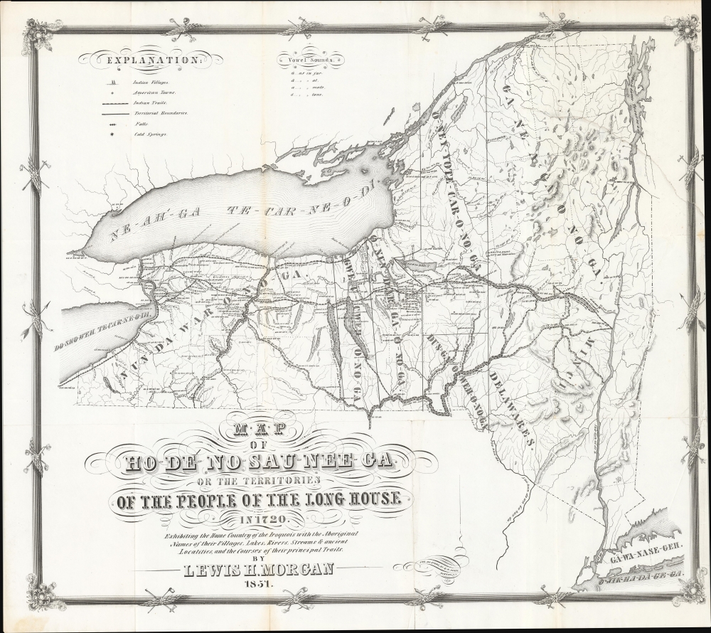 Map of Ho-De'-No-Sau-Nee-Ga or the Territories of the People of the Long House in 1720. Exhibiting the Home Country of the Iroquois with the Aboriginal Names of their Villages, Lakes, River, Streams and Ancient Localities, and the courses of their principal Trails. - Main View