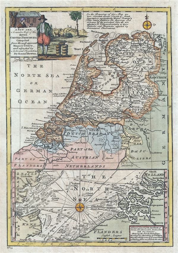 A New and Accurate Map of the Seven United Province.  A Chart of part of the Sea Coast of England, Holland, Zeeland and Flanders, shewing the Sandy Soundings, Bearings etc. - Main View