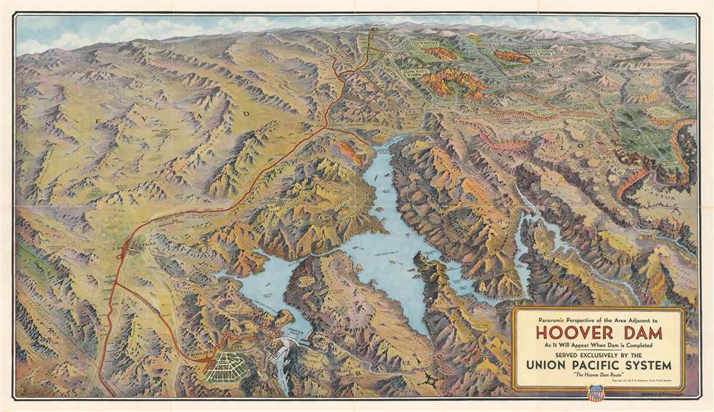 1931 Eddy Bird's-Eye View Map of Hoover Dam, Lake Mead, and Environs