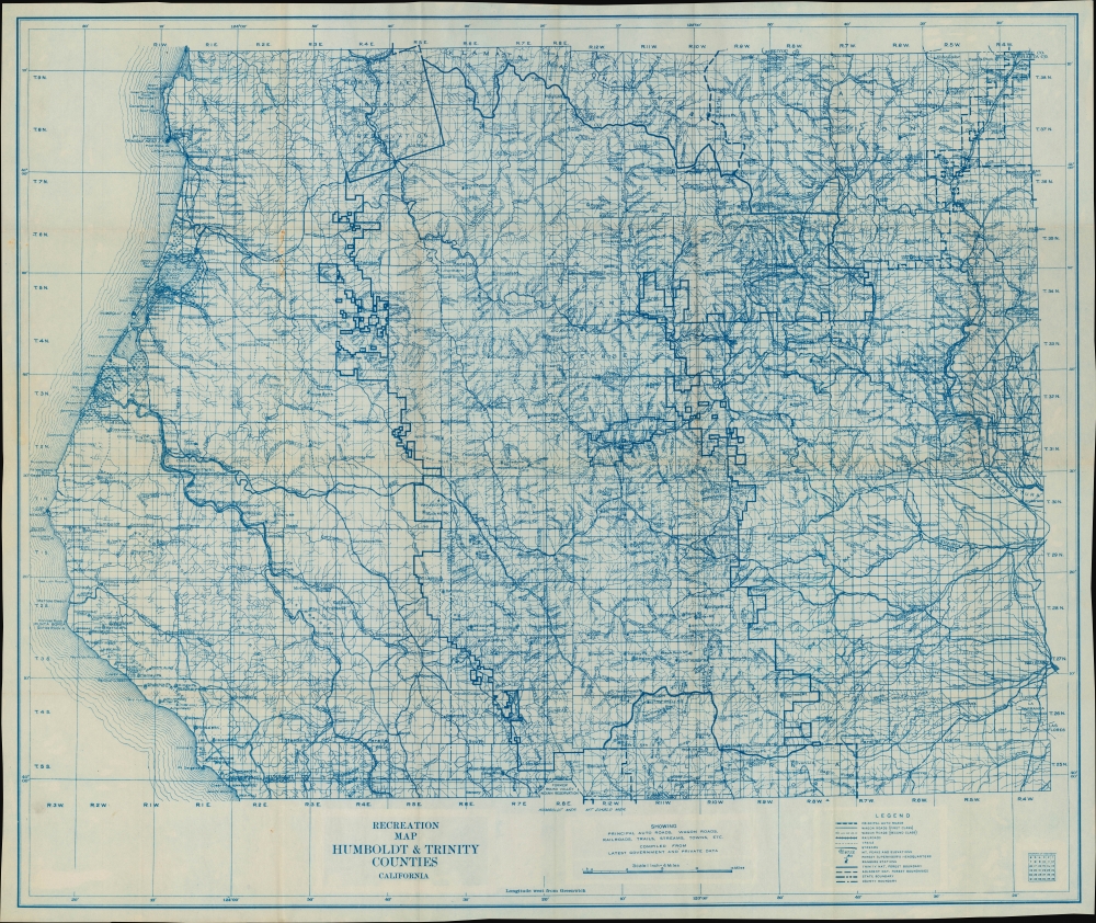 Recreation Map Humboldt and Trinity Counties California showing Principal Auto Roads, Wagon Roads, Railroads, Trails, Streams, Towns, etc. - Main View