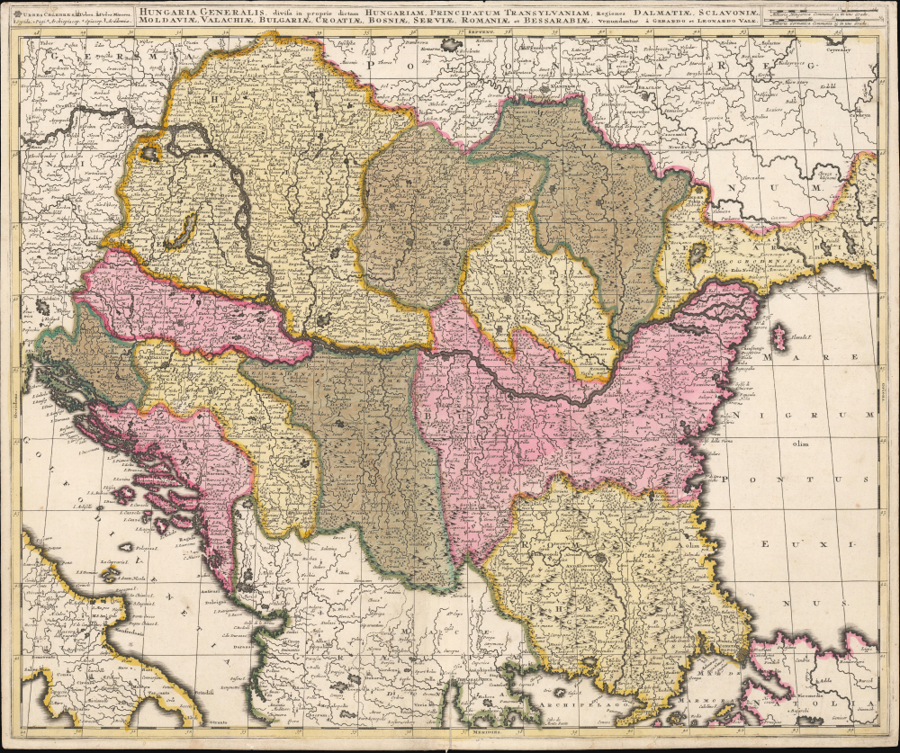 Hungaria Generalis, divisa in proprie dictam Hungariam, Principatum Transylvaniam, Regiones Dalmatiae, Sclavoniae, Moldaviae, Valachiae, Bulgariae, Croatiae, Bosniae, Serviae, Romaniae et Bessarabiae. - Main View