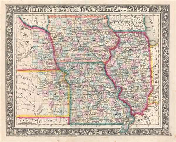 1861 Mitchell Map of Illinois, Missouri, Iowa, Nebraska, and Kansas