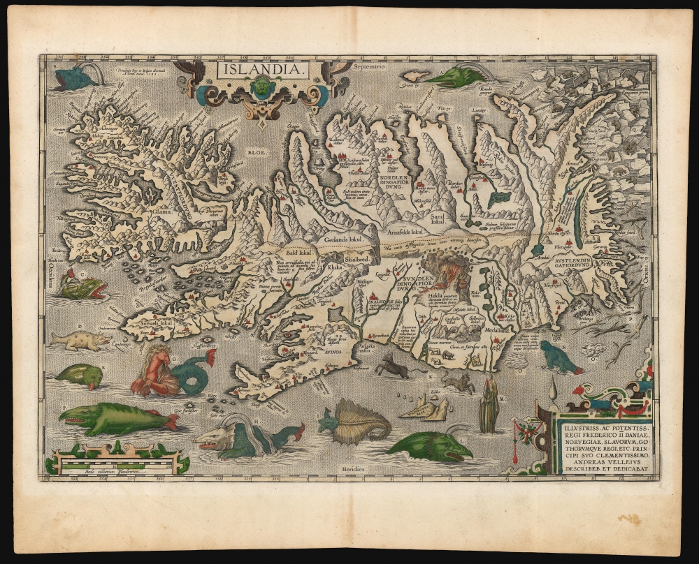 1587 / 1603 Abraham Ortelius Map of Iceland Surrounded with Monsters