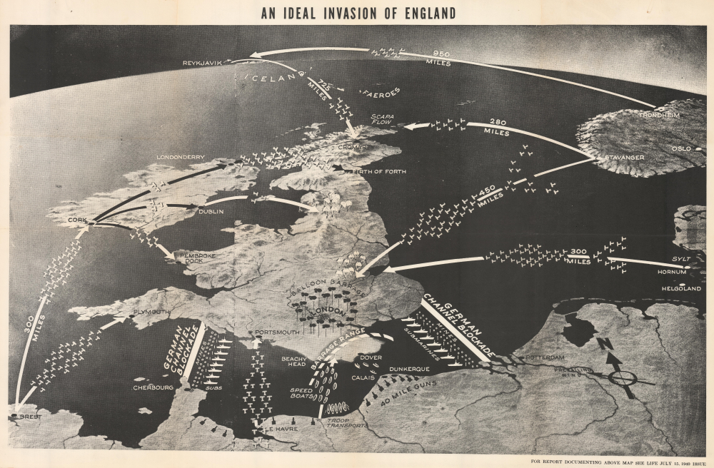1940 LIFE Magazine Map of an Ideal Nazi Invasion of the United Kingdom