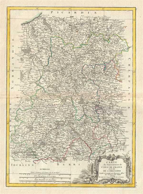 1778 Bonne Map of Isle de France (vicinity of Paris), Orleans Region of France